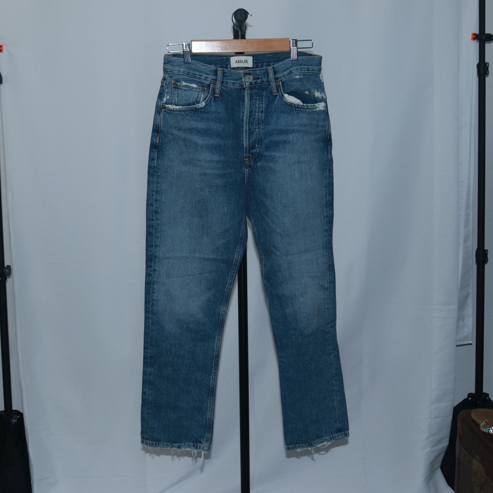 AGOLDE Womens Distressed Denim Jeans Blue Metallic Rivets Straight Size 27